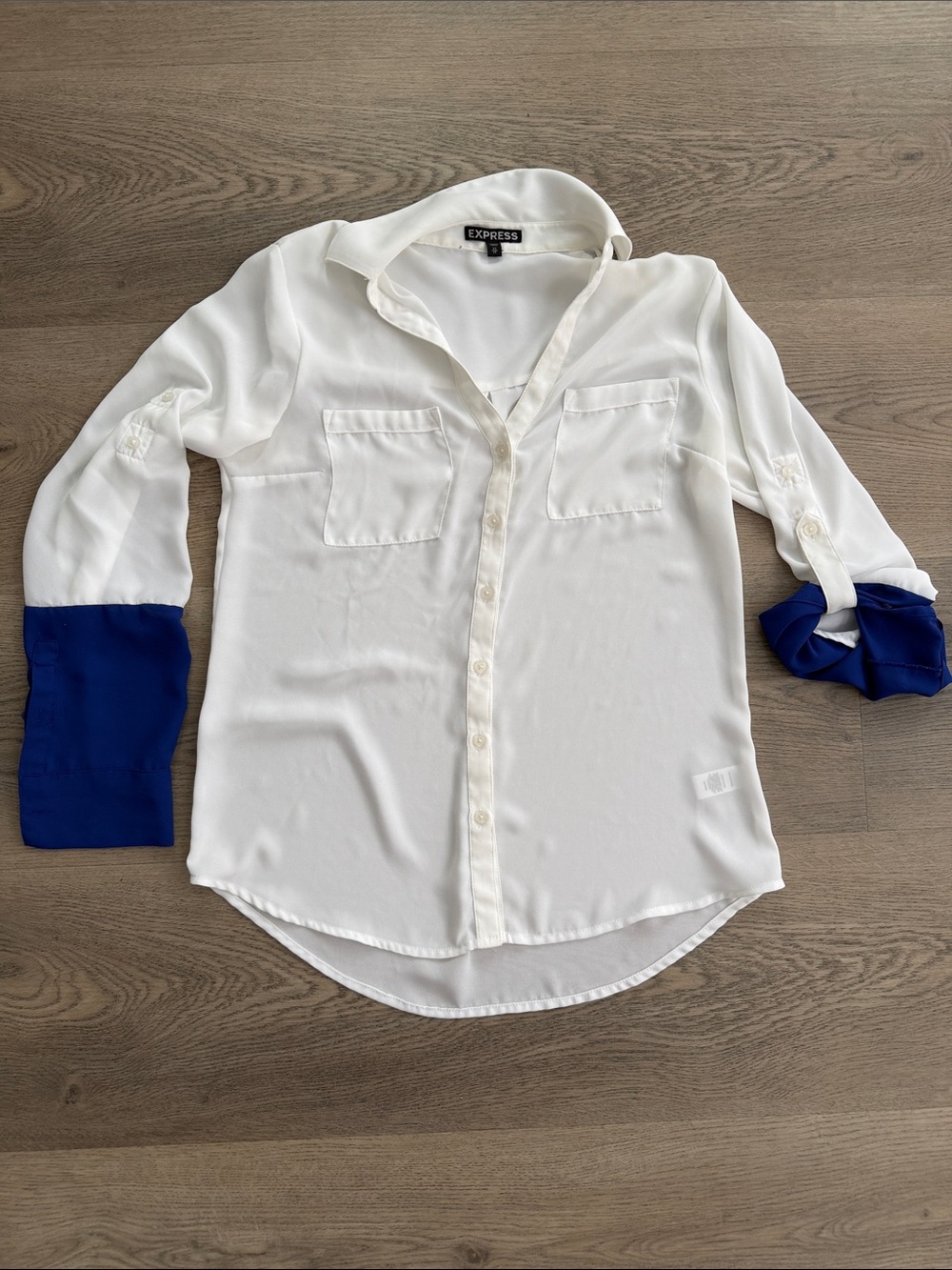 Express White Blouse with Royal Blue Sleeve Cuffs